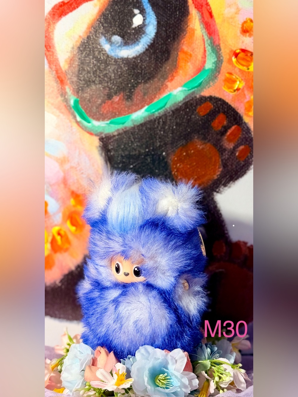 Blue Fuzzy Plush Keychain with Cute Face